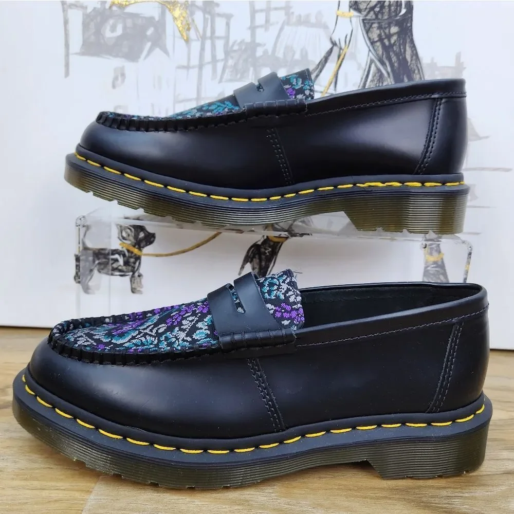 ☔️🩵NIB Dr. Martens Black & Rich Purple Floral Jacquard Penton Loafers Size 8 - Picture 8 of 15